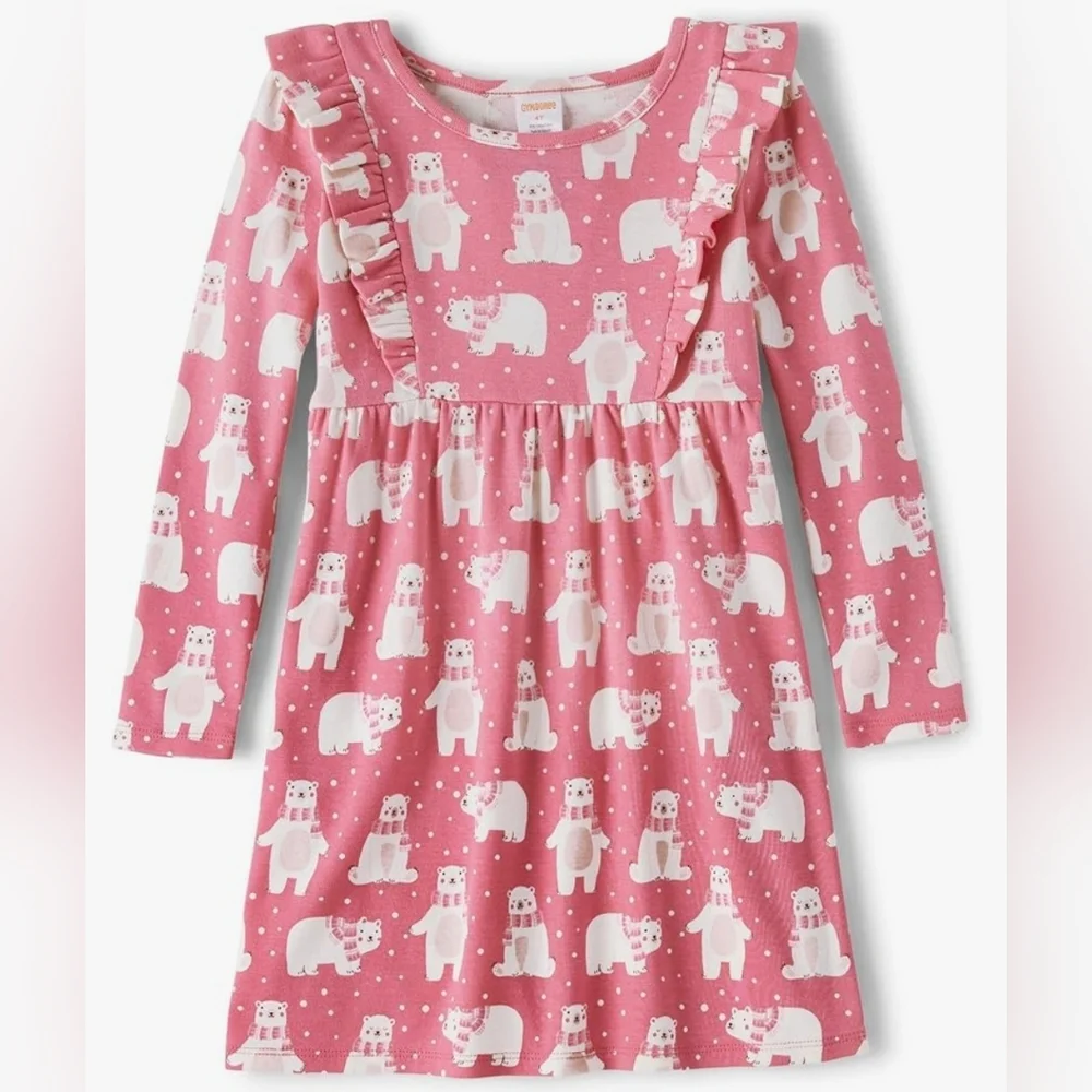 Gymboree Dress Pink Bear Print Long Sleeve Ruffle Stretch Cotton Sz 18-24mo NEW